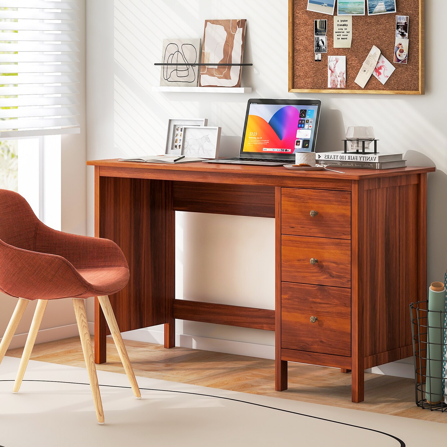 Brown 48 Inch Writing Computer Desk with 3 Drawers Home Office Study Table