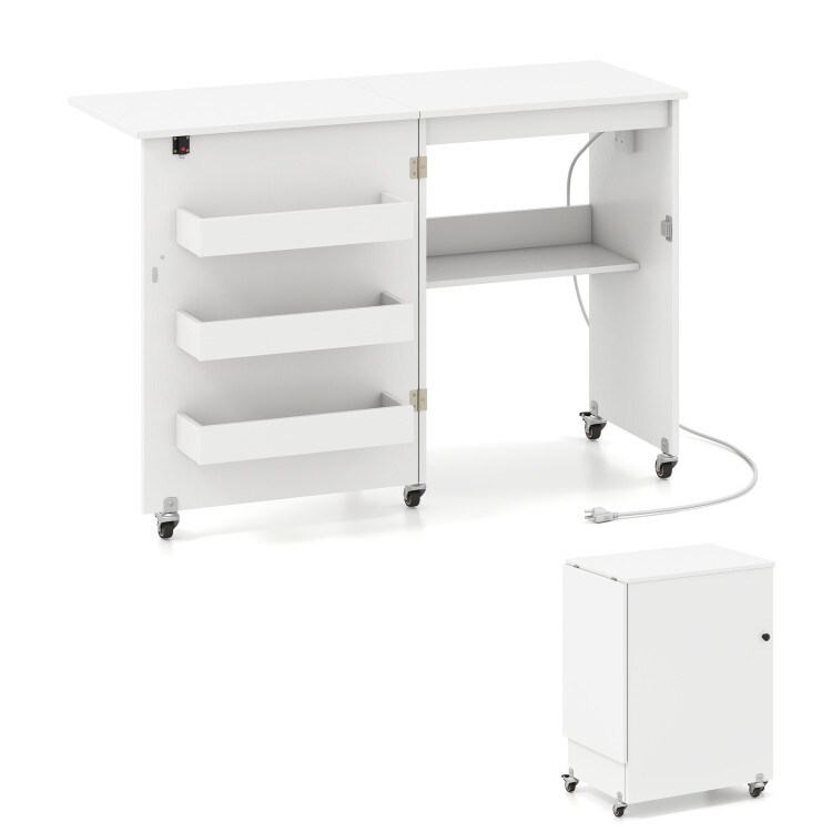 Portable Sewing Machine Table with USB Charging Station Storage Shelves Folding Craft and Study Desk on Wheels