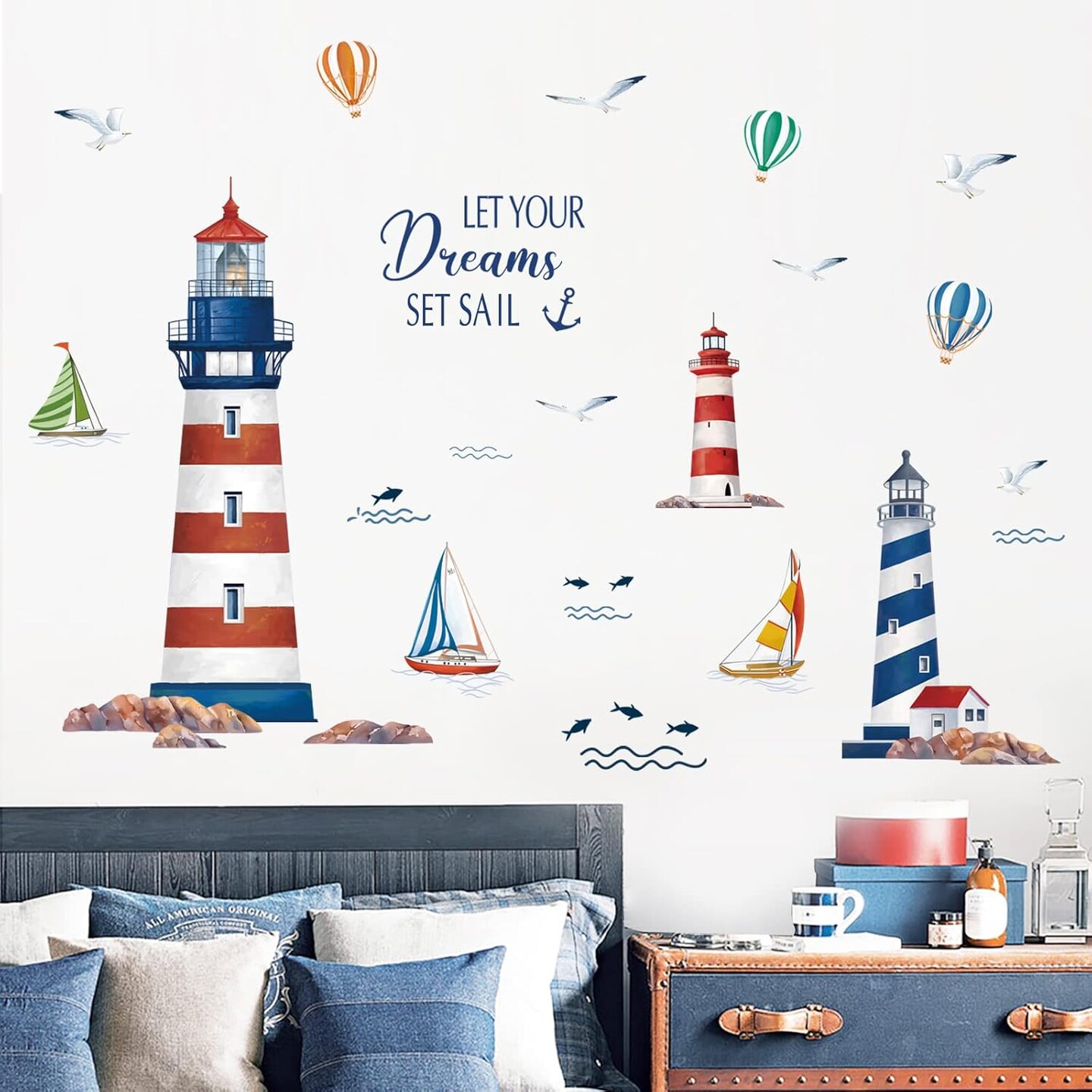 Nautical Lighthouse Wall Stickers Sailboat Seagull Peel (Multicolor)