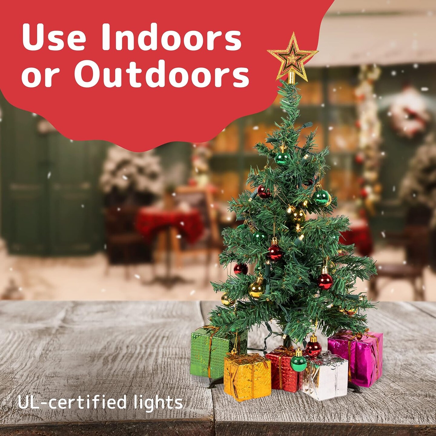 Mini Tabletop Christmas Tree Set with LED Lights, Star, Ornaments, and Gift Boxes - 23-Inch (Green)