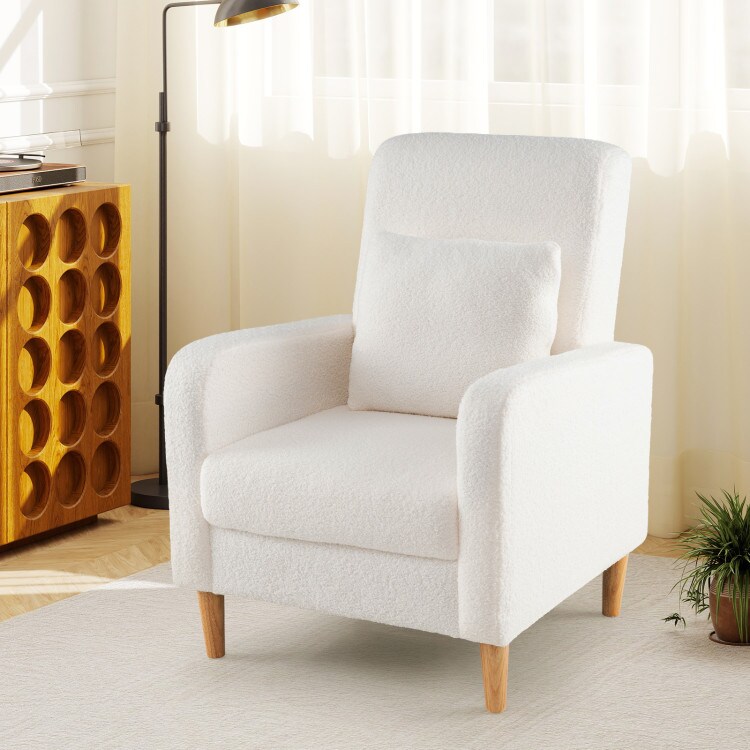 White-Natural Teddy Fleece Accent Chair with Lumbar Pillow and Armrest