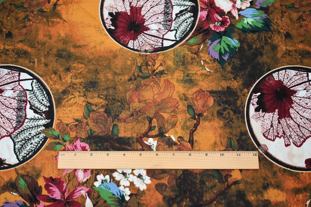 Orange-Red-Multi Floral Circle Art Printed Linen Woven Fabric By the Yard