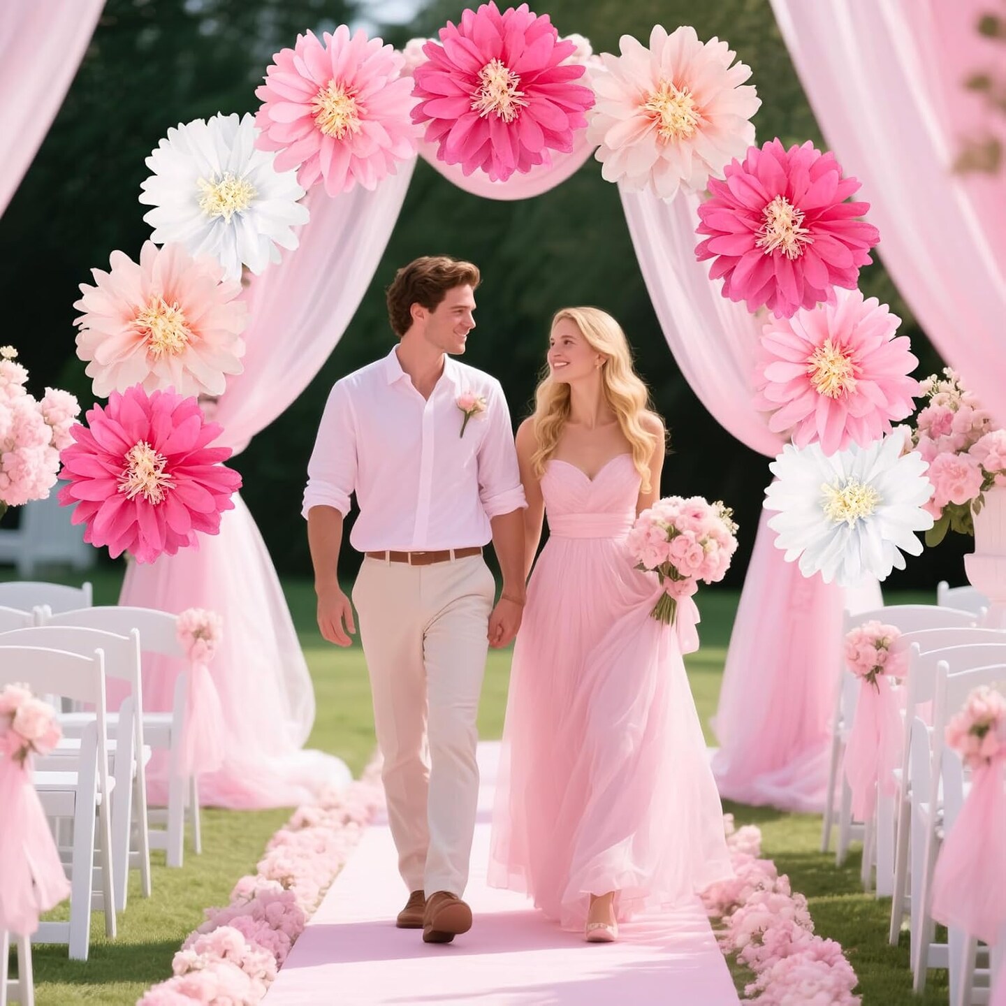 Daisy Tissue Paper Pom Poms, Wildflower Party Decorations(pink)