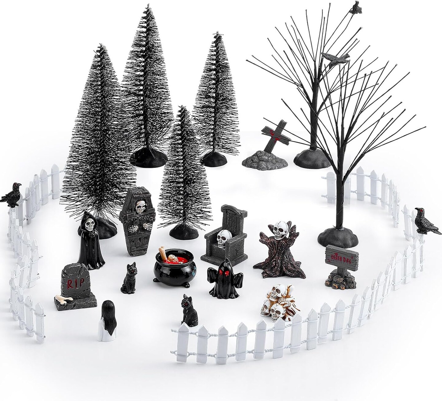 Halloween Figurines Spooky Bare Branches Tombstones Skeleton Skulls