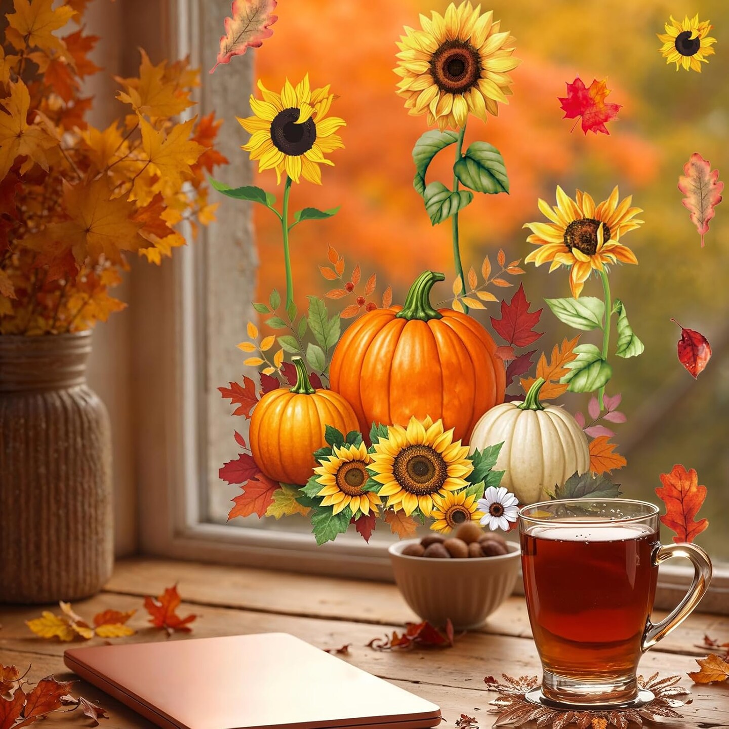 9 Sheets Fall Sunflower Window Clings Thanksgiving Pumpkin Leaves Window Stickers