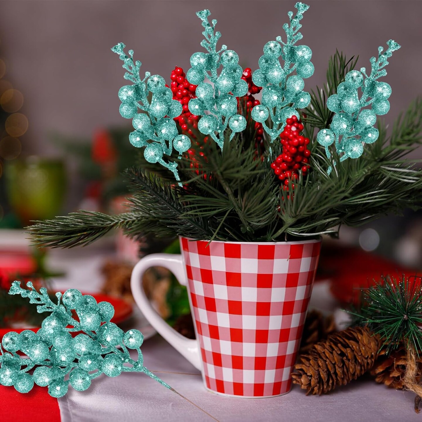 Christmas Glittered Berries Stems (Turquoise)