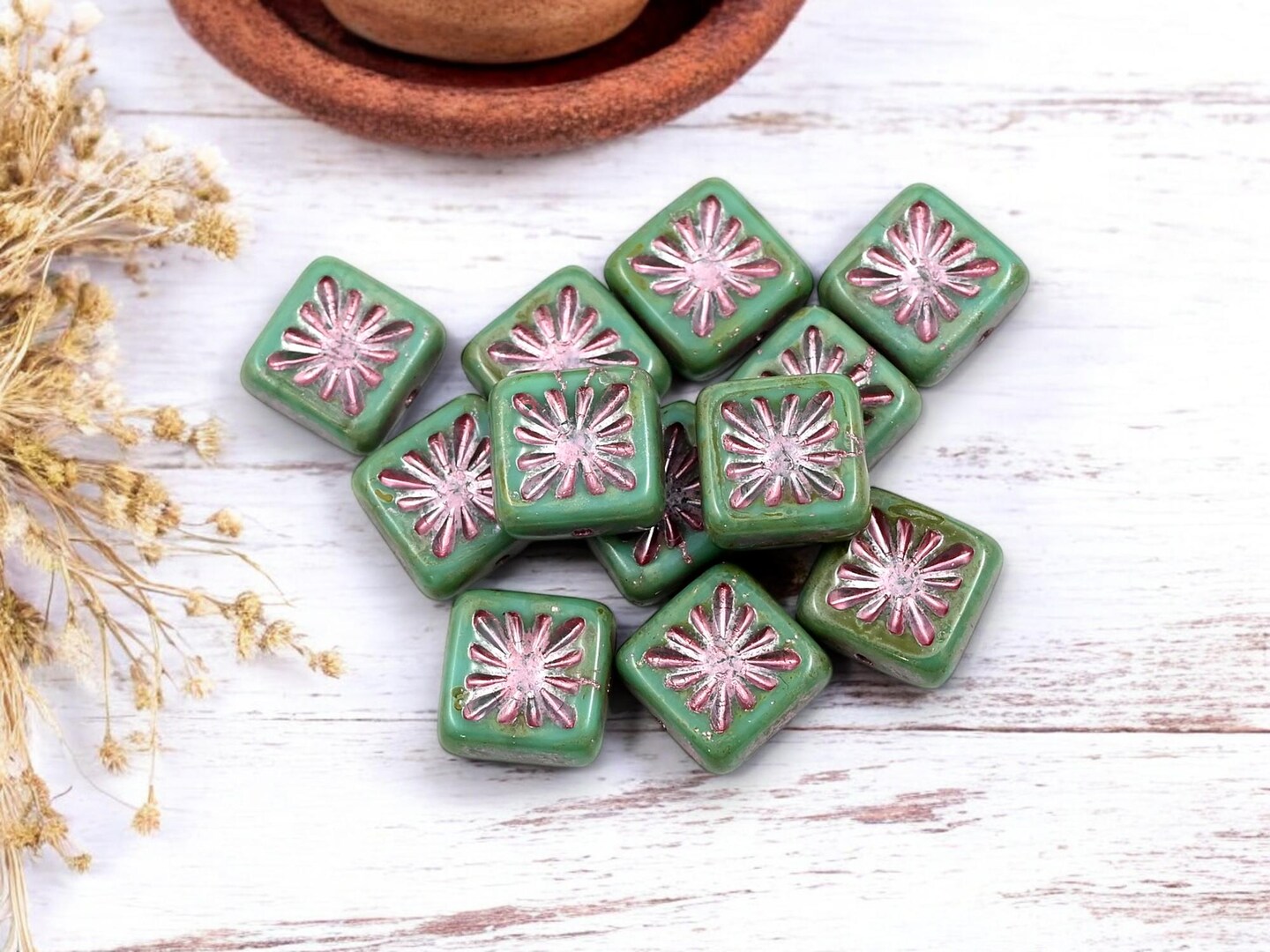*12* 10mm Metallic Pink Washed Opaque Turquoise Starburst Square Beads