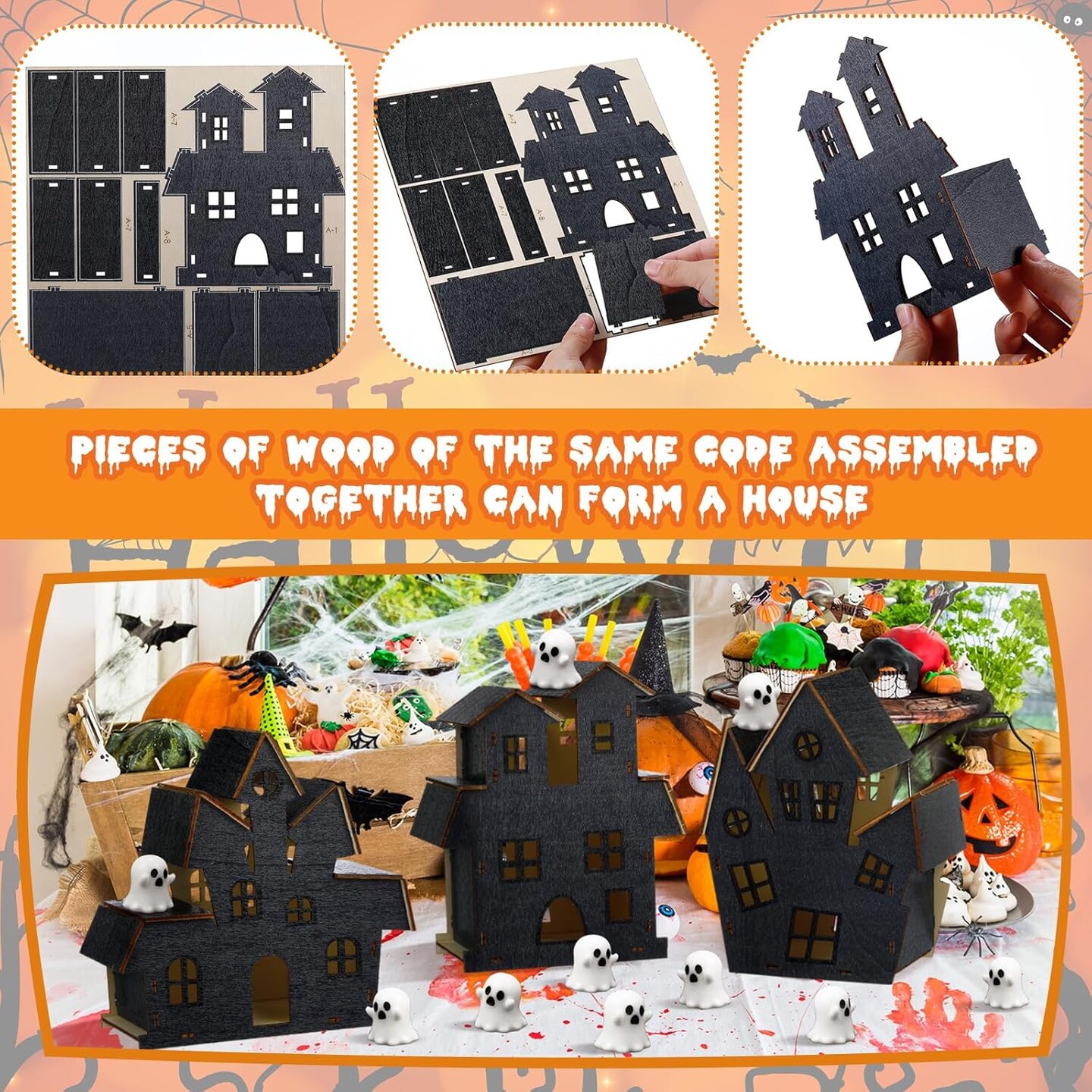 13 Pcs 3D Ghost Halloween Village Haunted House DIY Kit (Black)
