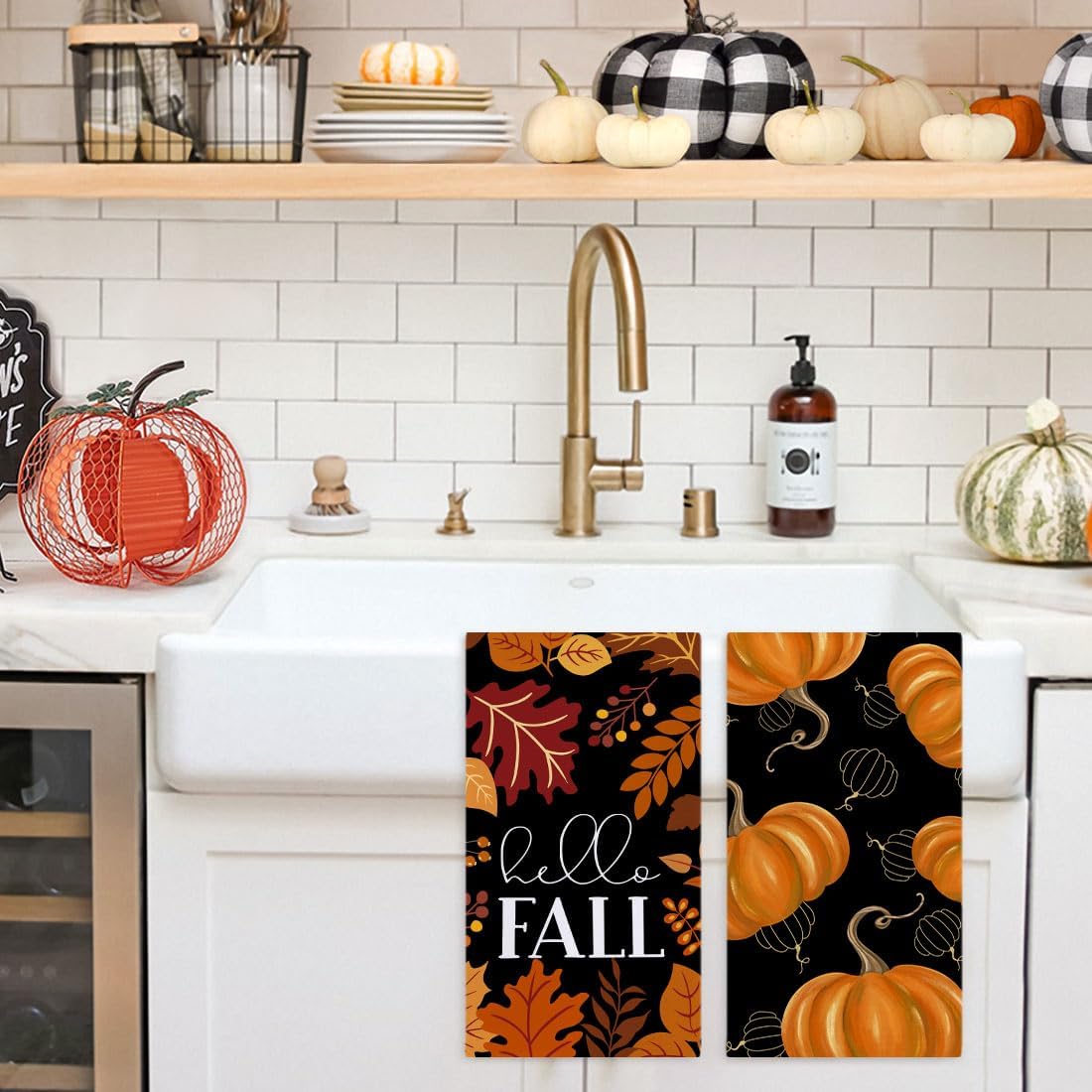 Fall Thanksgiving Pumpkin Kitchen Dish Towels Set of 2