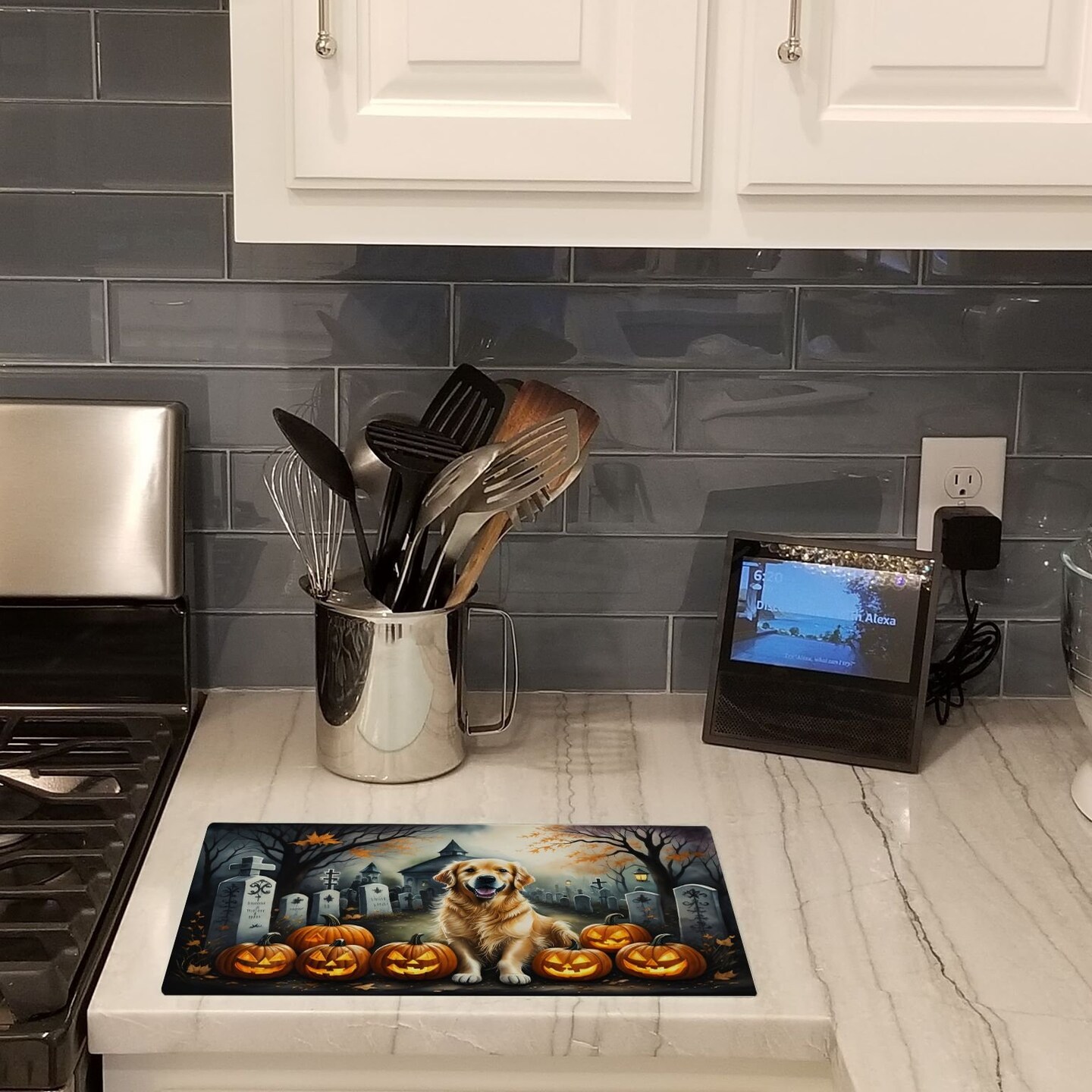 Edge Collections - 15" x 12" - Multicolor - Halloween Golden Retriever Decorative Glass Cutting Board - 1 Piece