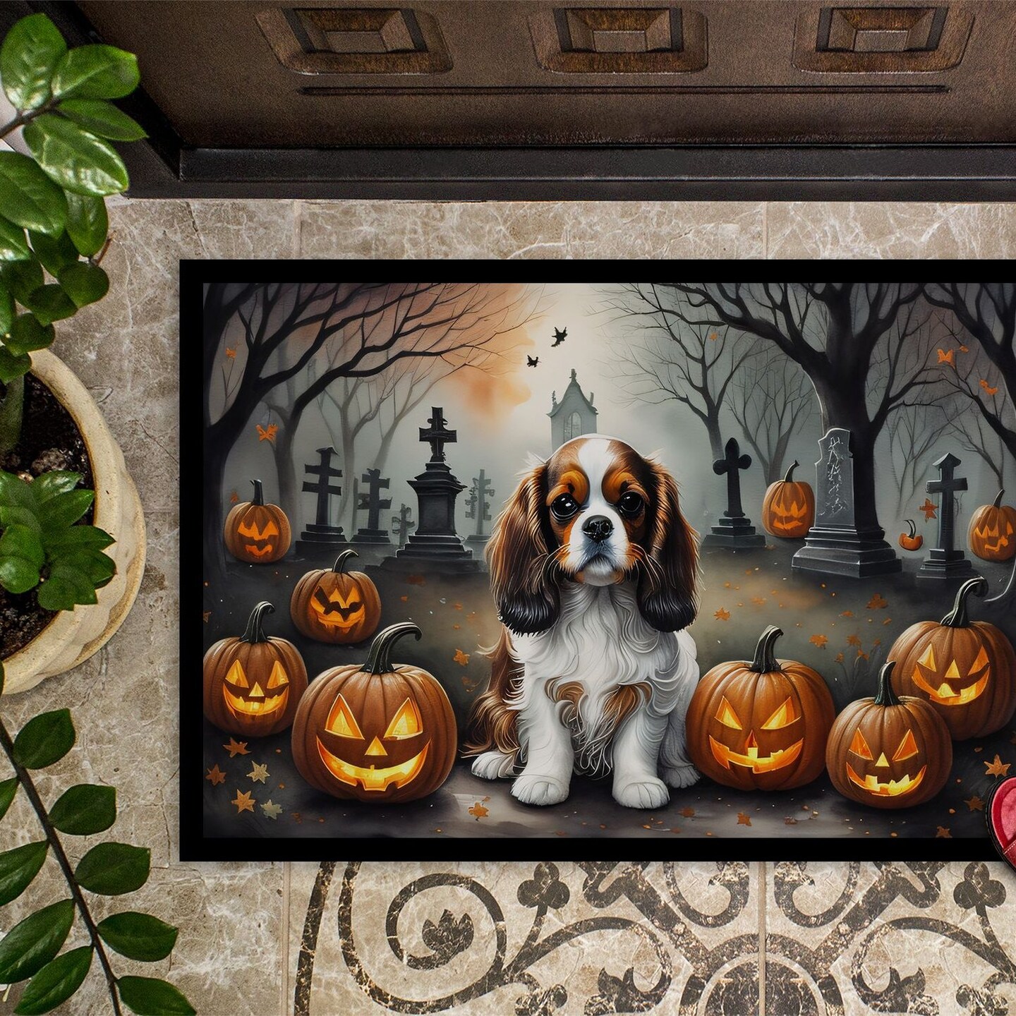 Edge Collections - 18&#x22; x 27&#x22; - Multicolor - Cavalier Spaniel Spooky Halloween Doormat Indoor Outdoor - 1 Piece