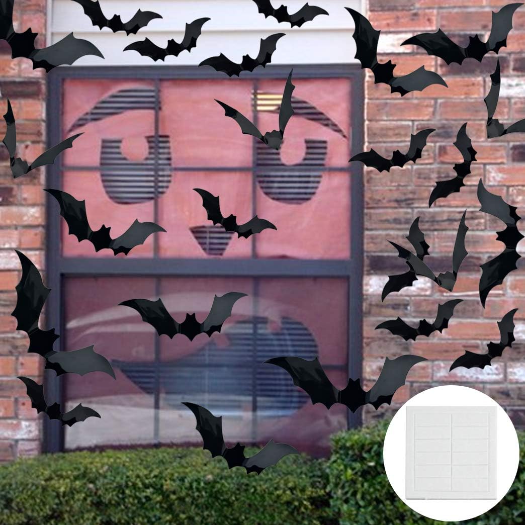 5-Pack Halloween Table & Fireplace Decor Set – Black Lace Spider Web Tablecloth, Mantel Scarf, Lamp Shade & 36PCS 3D Bat Wall Stickers for Spooky Home, Party & Haunted House Decoration