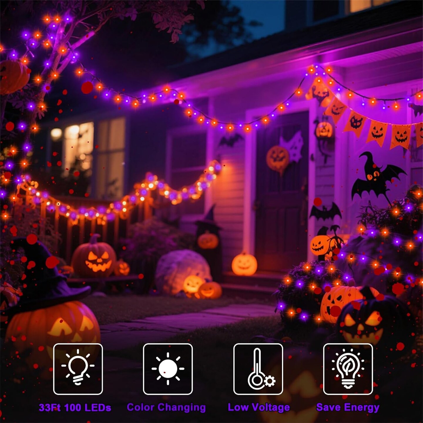 Orange Purple Halloween 33ft 100 LED String Lights Battery Operated (Warm White & Purple Orange)