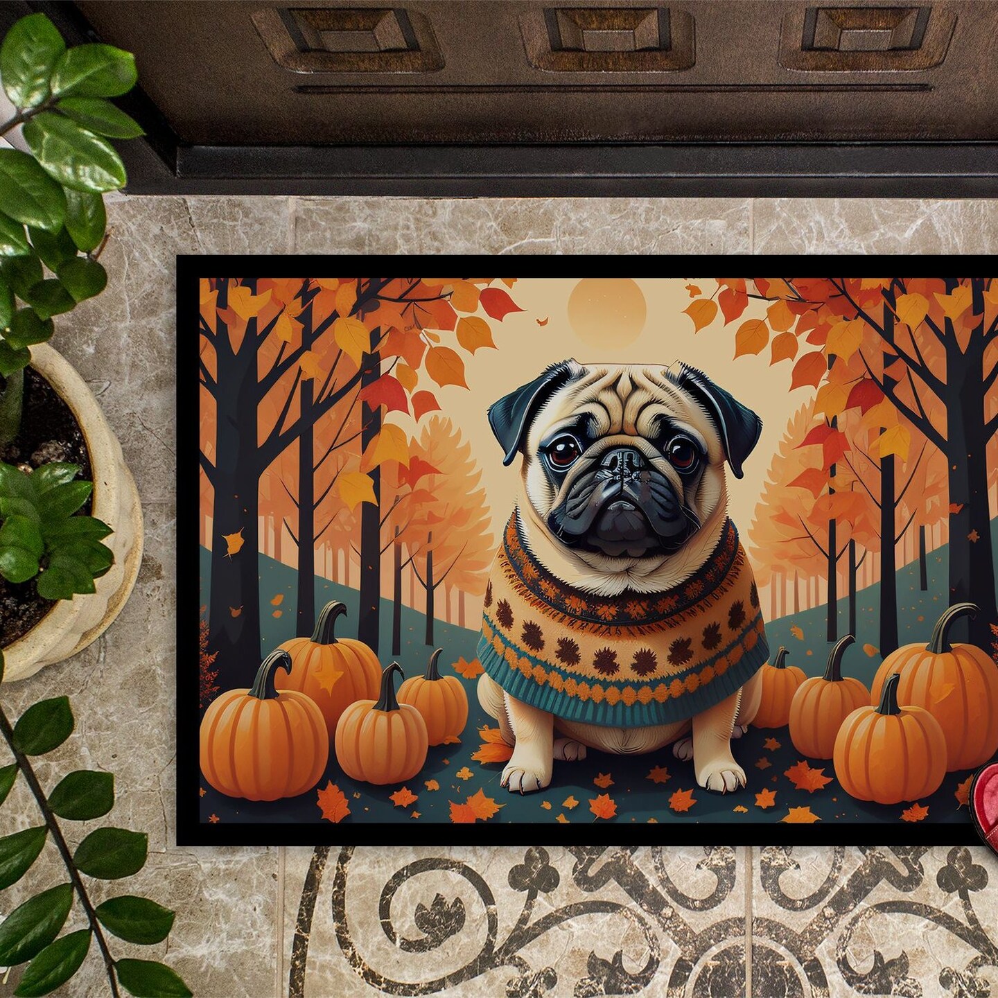 Edge Collections - 18" x 27" - Multicolor - Fawn Pug Fall Doormat Indoor Outdoor Rug - 1 Piece