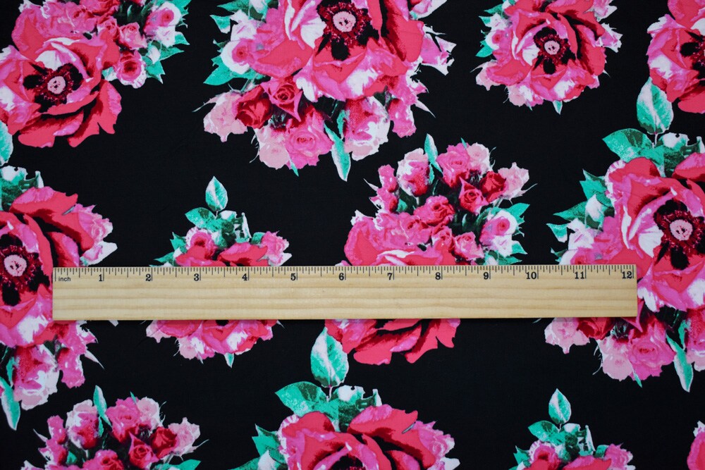 Black-Green-Pink Cotton Floral Print Stretch Spandex Poplin Woven Fabric By the Yard