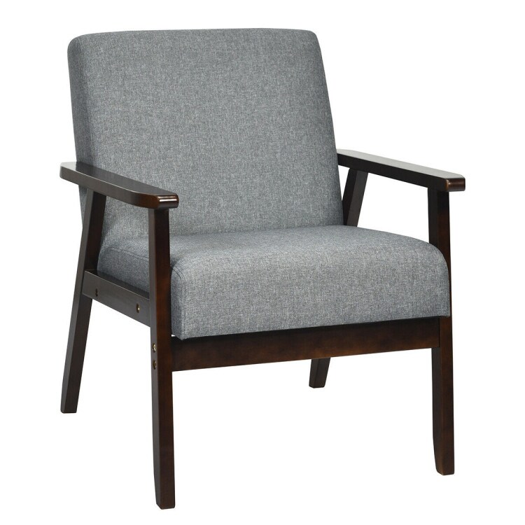 Grey Linen Accent Chair with Rubber Wood Frame and Ergonomic Design