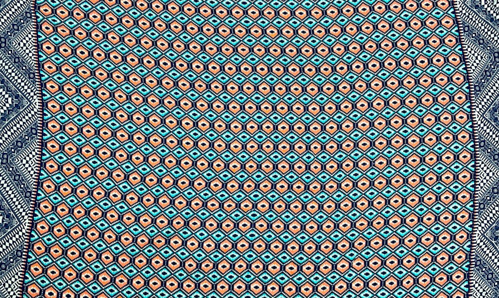 Coral-Teal-Multi Cotton Aztec Border Printed Dobby Woven Fabric By the Yard