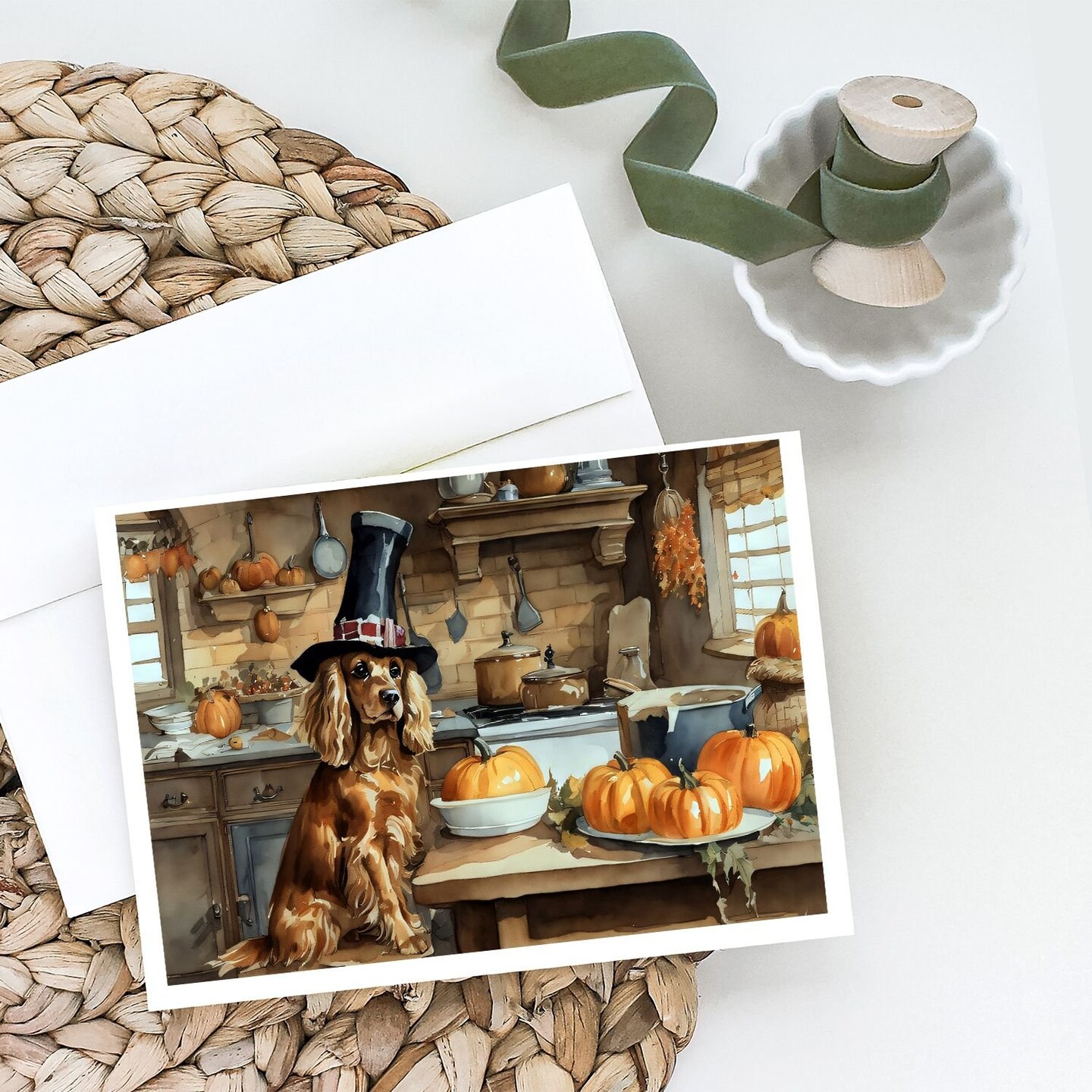 Edge Collections - 5" x 7" - Multicolor - Cocker Spaniel Fall Kitchen Pumpkins Greeting Cards - 8 Pieces