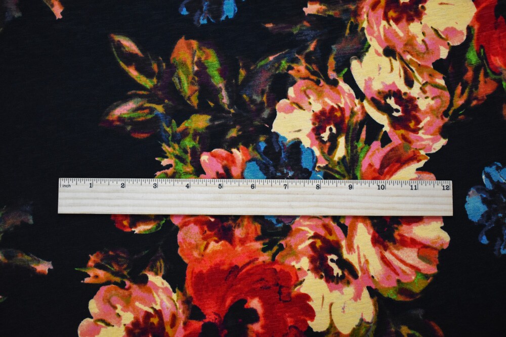 Black-Multi Poly Floral Print Stretch Spandex Onion Skin Jersey Knit Fabric By the Yard