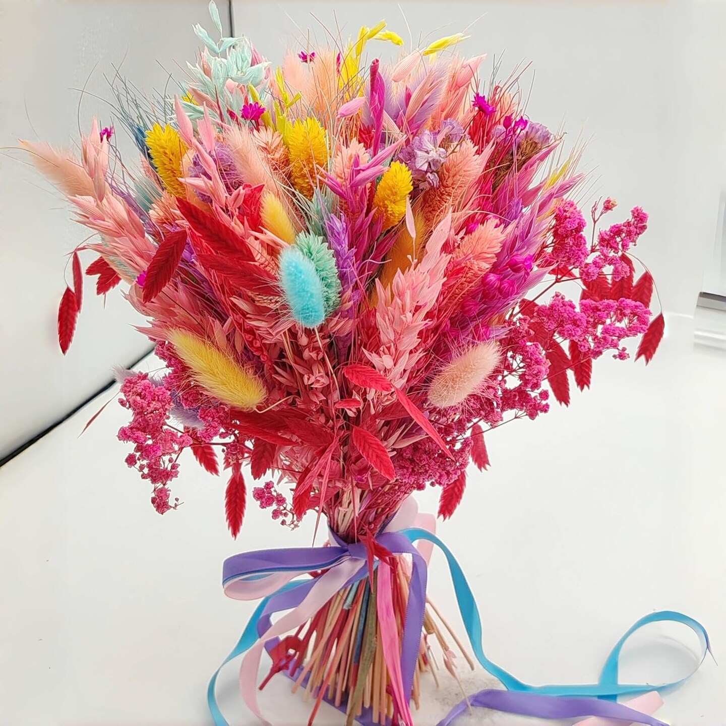 Dried Flowers Bouquet - Preserved Pink Flower(Pink Blue Yellow)