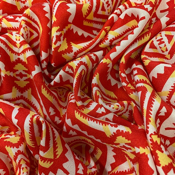 Red Multi Print Rayon Challis Fabric By the Yard