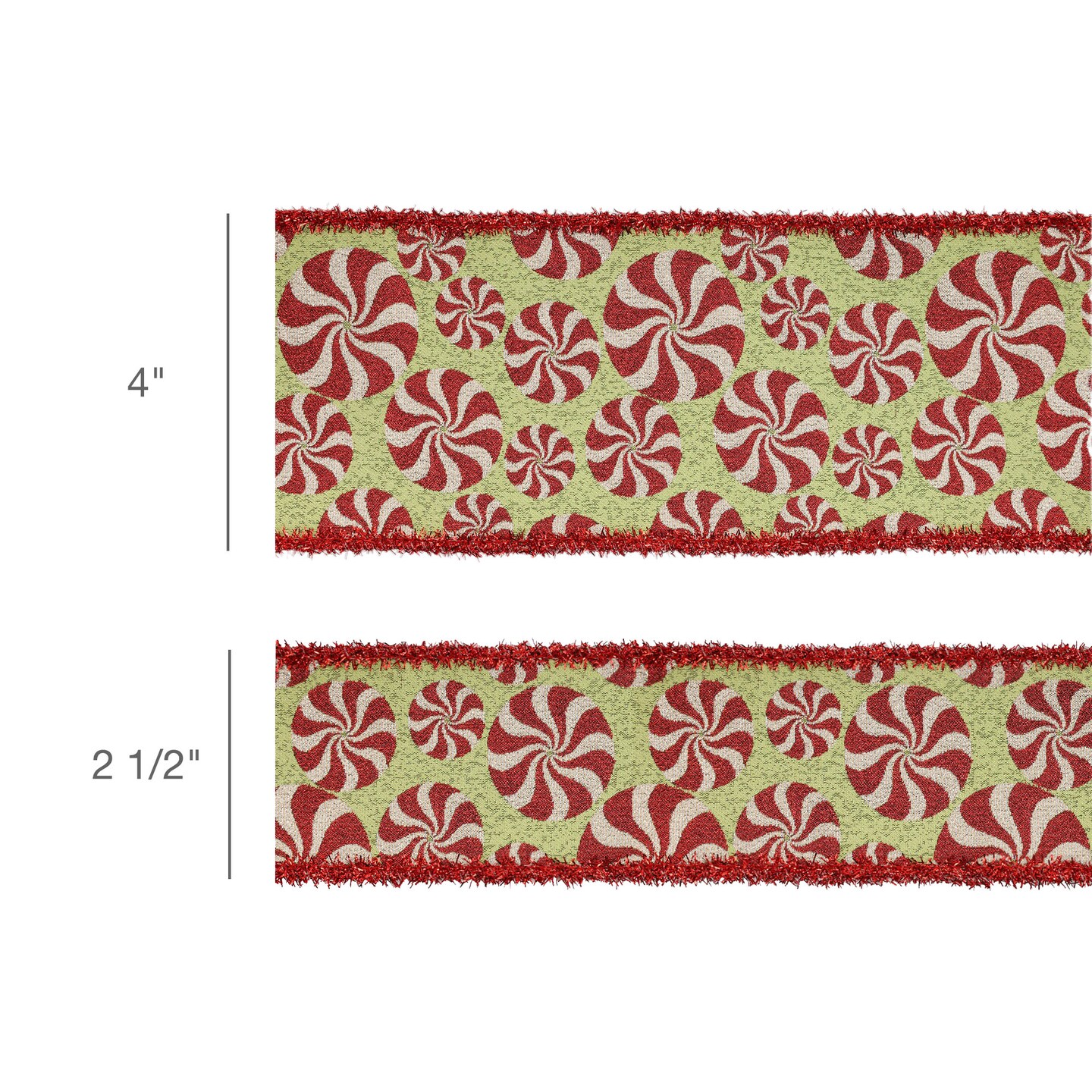 LaRibbons 4" - 2 1/2" Wired Jacquard Ribbon | Peppermint on Fuschia w/ Tinsel Edge | 5 Yard Roll