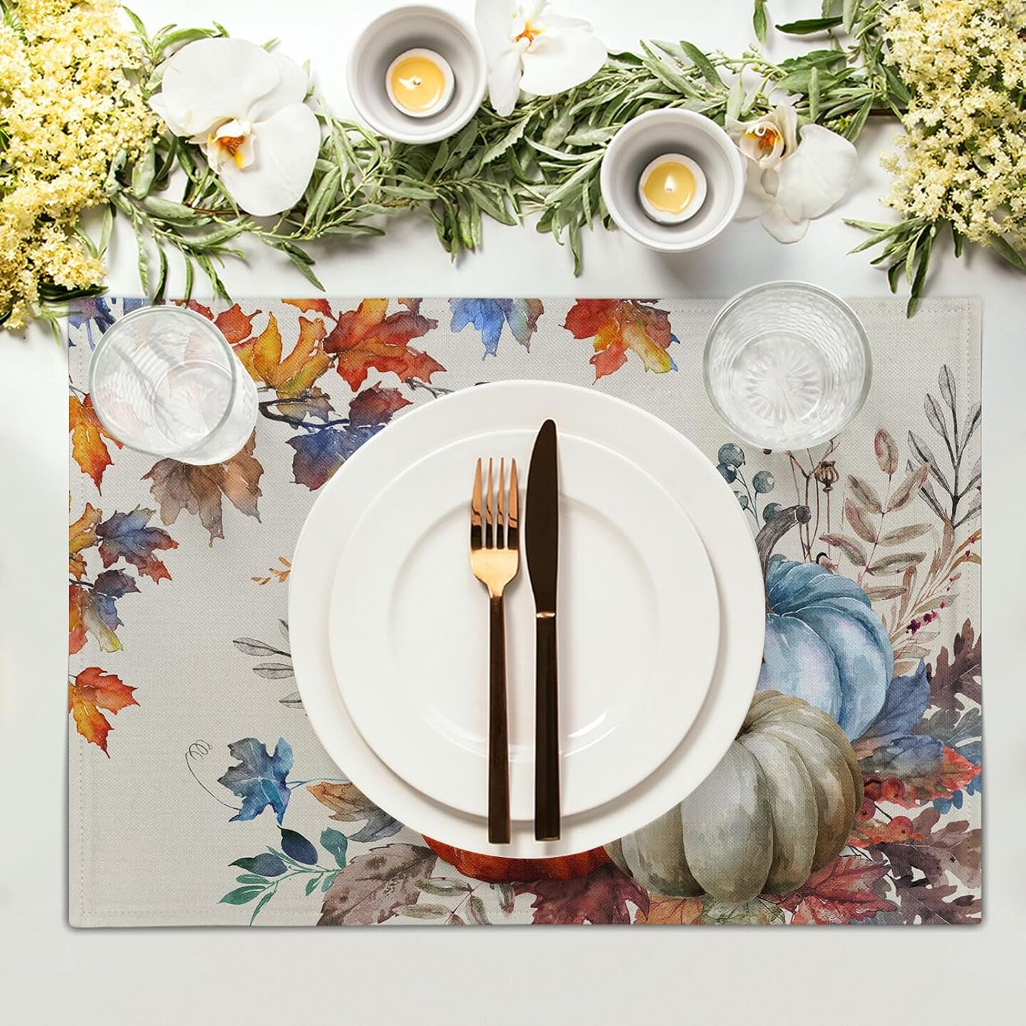 Set of 4 Blue and Orange Pumpkin Fall Placemats - 12 x 18 Inch