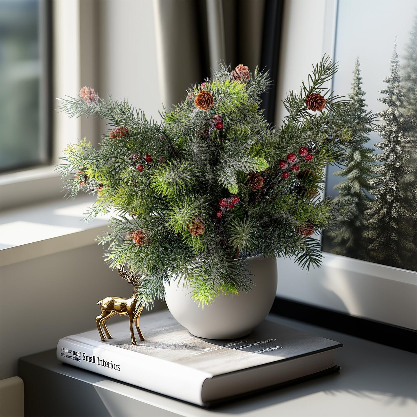 Red Berry Snowy Pine Cones Fake Greenery Stems Picks(Type-4)