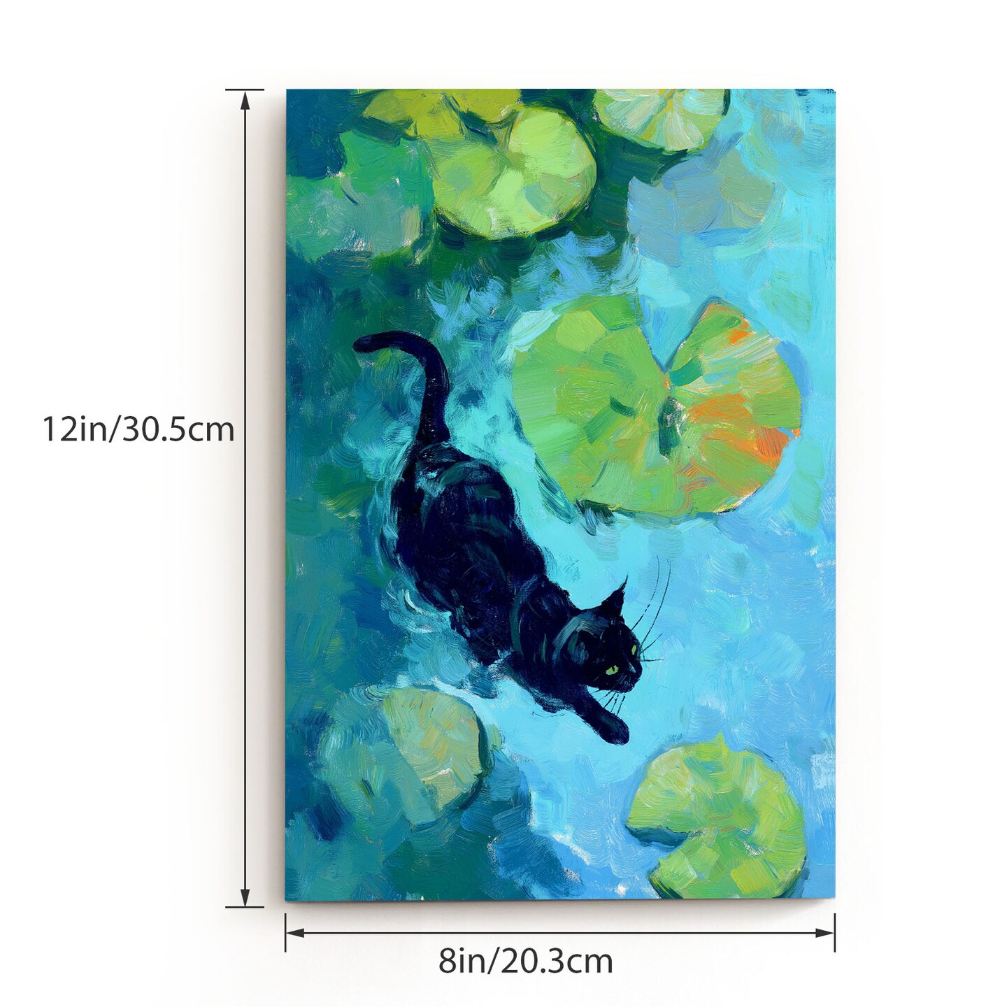 Black Cat in Pond Canvas Wall Decor - Premium Pine Frame, Mortise - Tenon Joint & Non - Toxic Water - Based Ink | 12*8inch