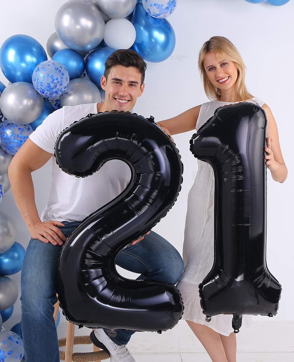 40 Inch Jumbo Black Foil Mylar Number Balloons for Men Women 21st Birthday Party Decorations (Black 21)