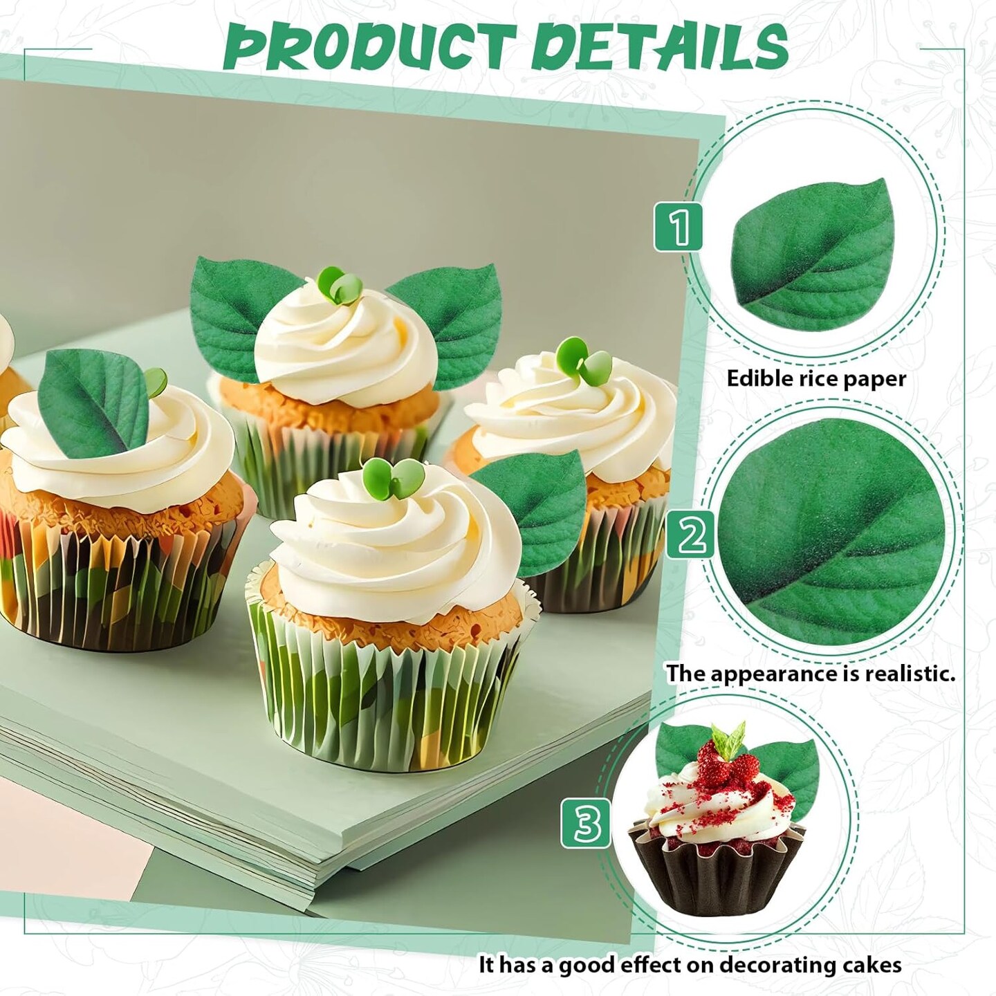 100Pcs Edible Leaves Cupcake Toppers, Green Leaf Cake Toppers