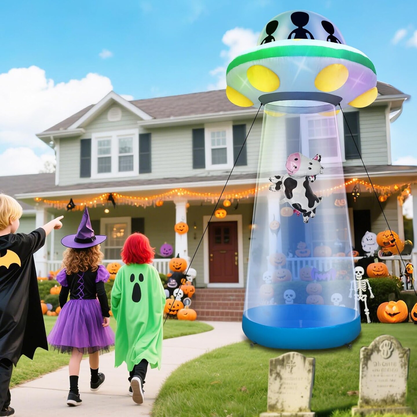 10 Ft Tall Halloween Inflatable UFO Cow Abduction Decorations(Multicolor)