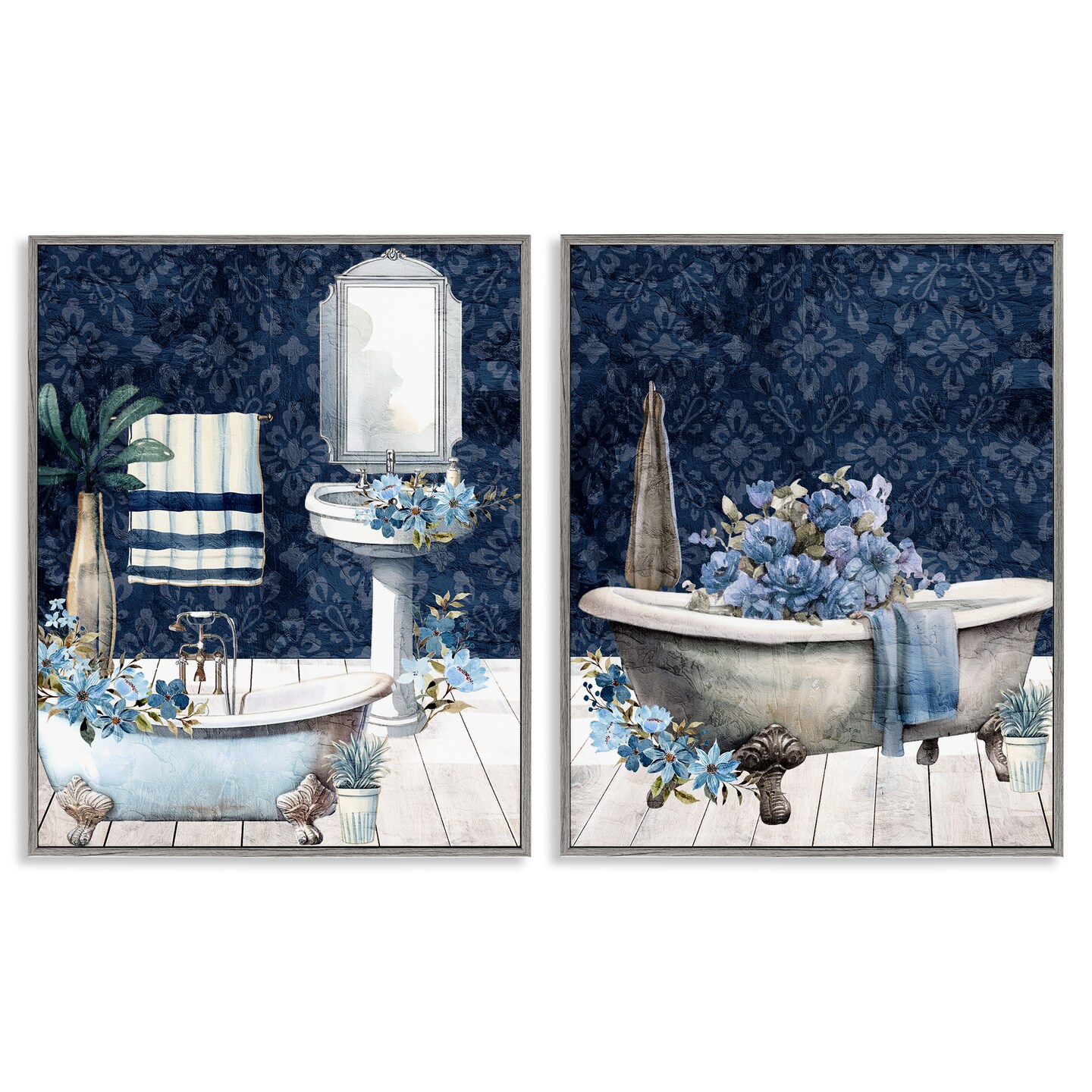 Stupell Industries Blue Bath Floral Interior 2pc Framed Giclee Set, design by Kim Allen