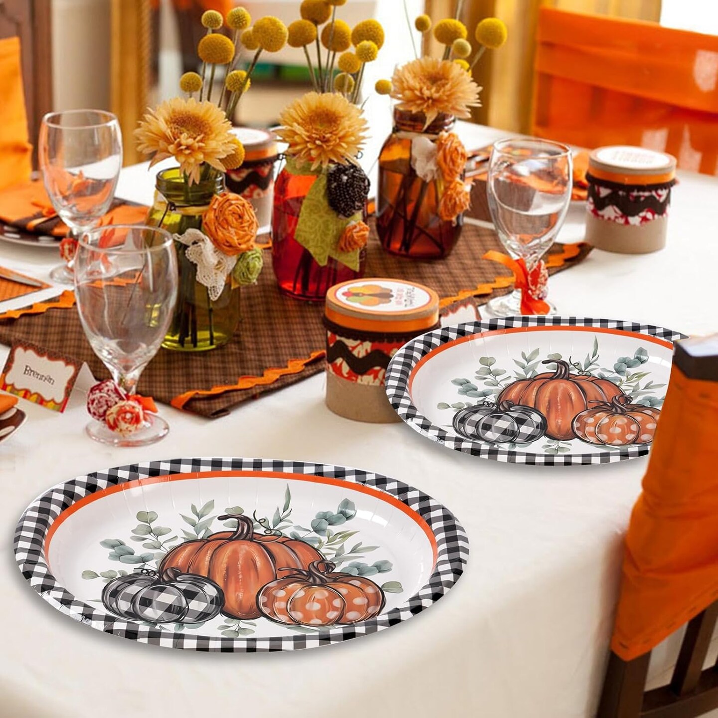 50Pcs Thanksgiving Large 12" x 10" Oval Paper Plates and Napkins (Black, White, Orange)