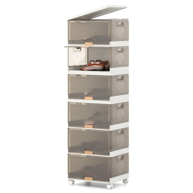 Stackable Storage Bin With Wheels Foldable Cube Organizer For Closet Bedroom Pantry White Brown PP ABS