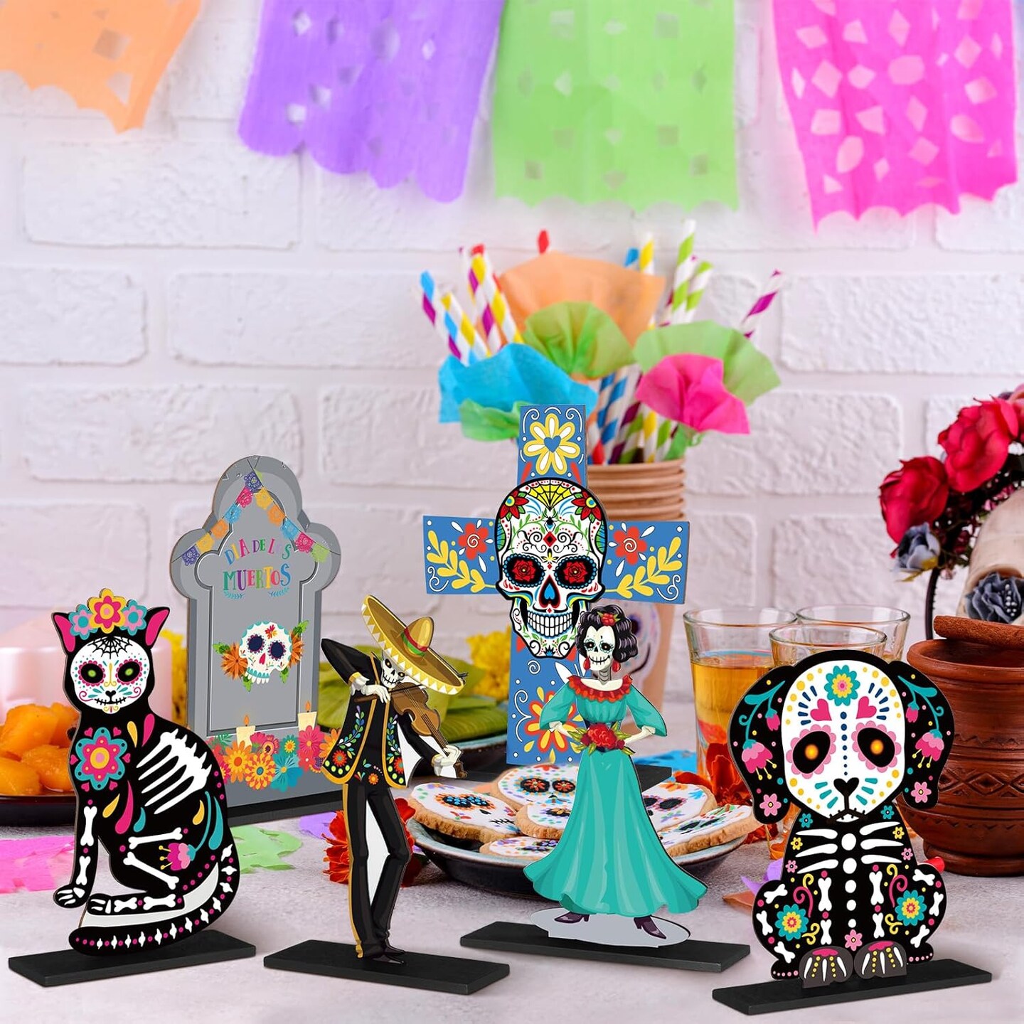 6 Pcs Day of The Dead Wooden Table Centerpiece Dia De Los Muertos Mexican Table Decorations Halloween Table Topper
