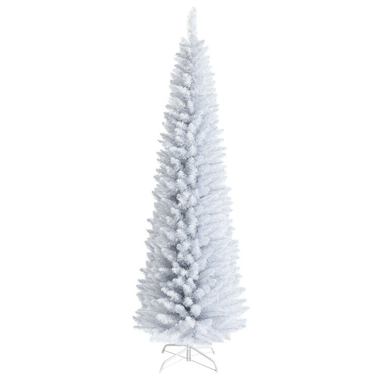 White PVC Pencil Christmas Tree 7ft Slim 436 Tips Folding Metal Stand