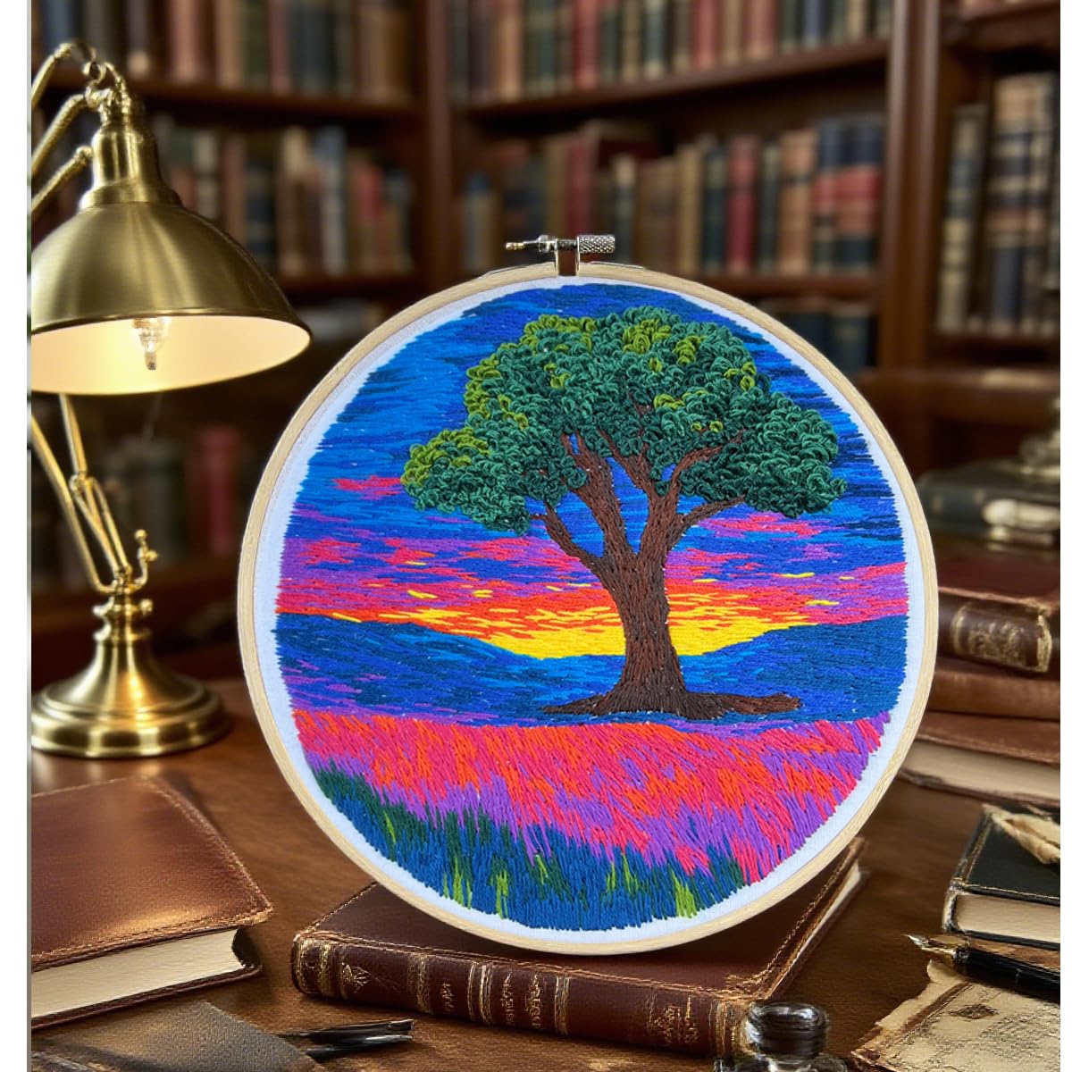 Maydear 6 Pack Embroidery Starter Kit with Pattern, Stamped Cross Stitch Kits for Beginners Adults with Embroidery Hoop and Instructions, Hand Embroidery Kit (Landscape six Sets)