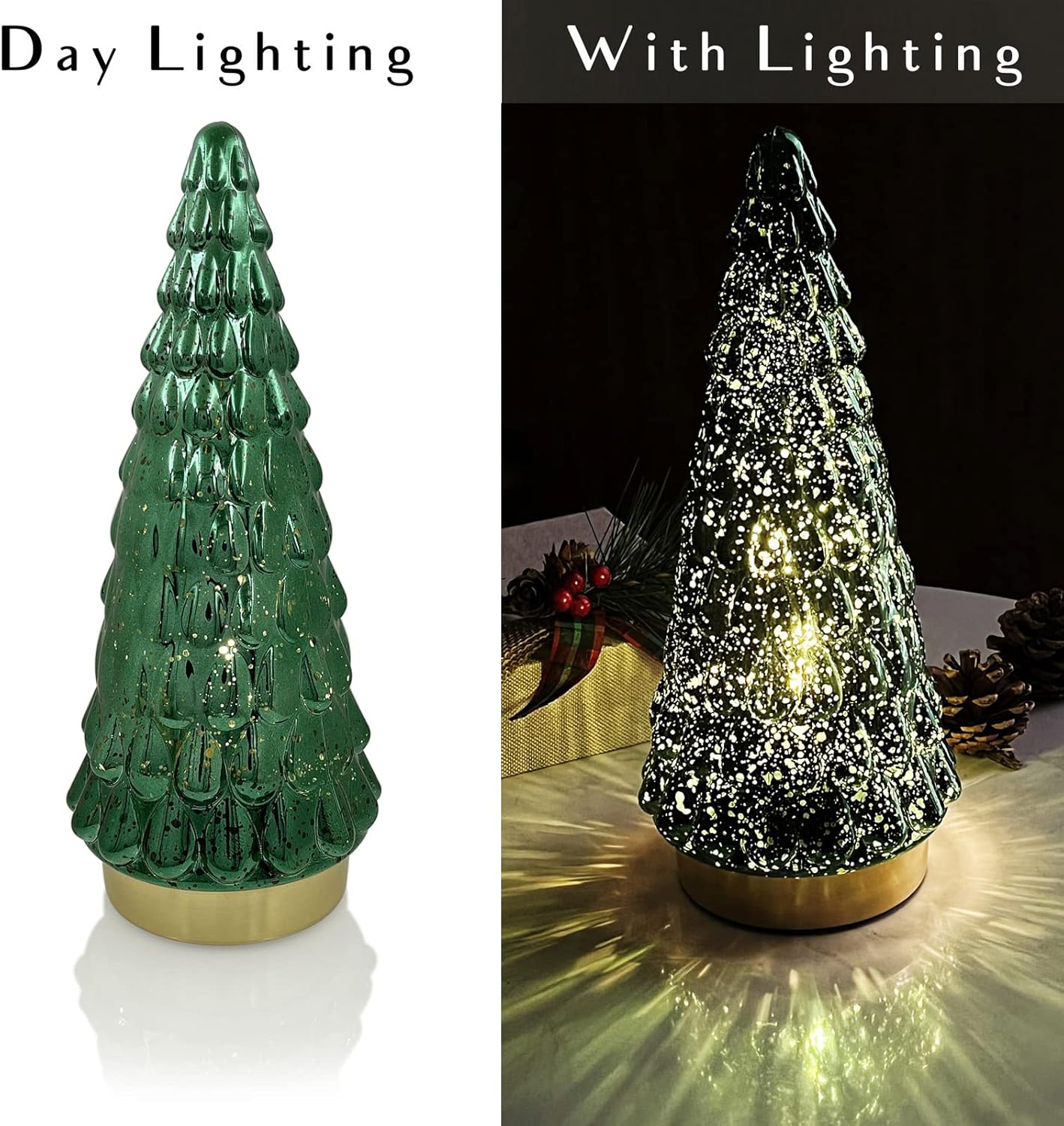 Set of 2 Mercury Glass Christmas Tree Tabletop with Lights (Green)