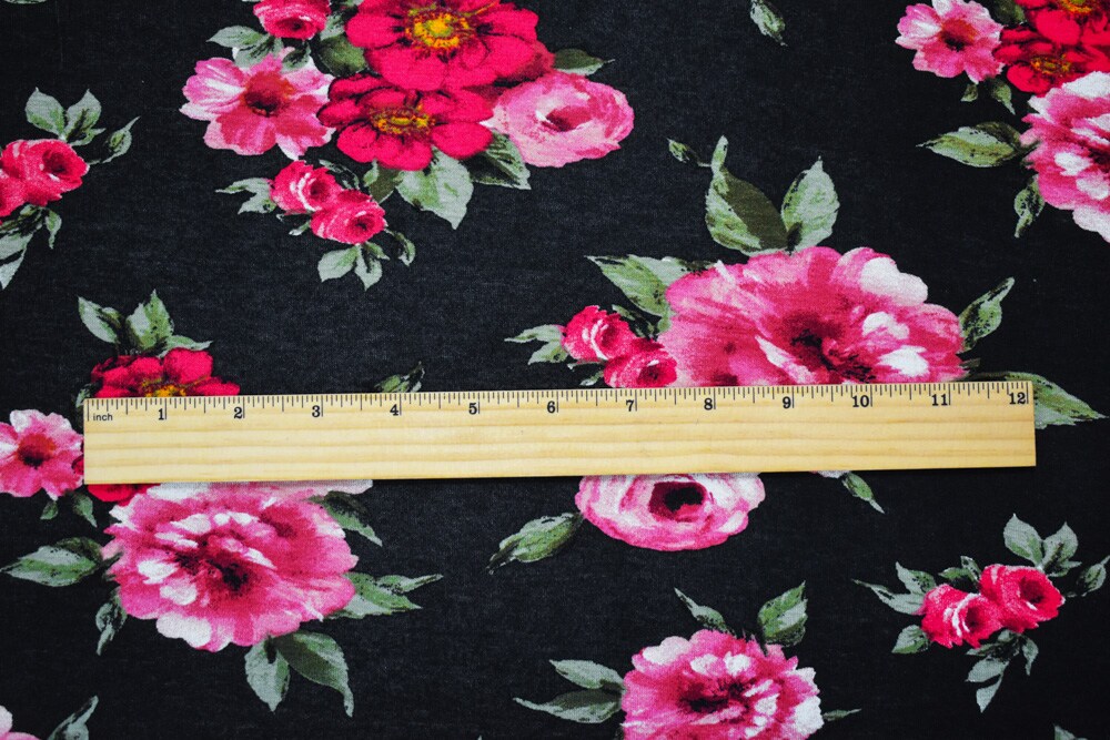 Black-Pink-Multi Cotton Floral Printed Stretch Spandex Jersey Knit Fabric By the Yard