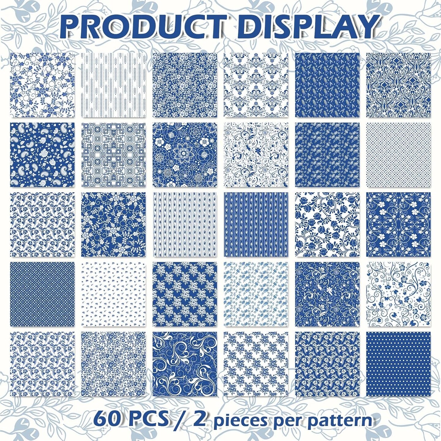 60Pcs Flower Cotton Pre-Cut Fabric Bundles Blue White Floral Fabric Squares(Blue)