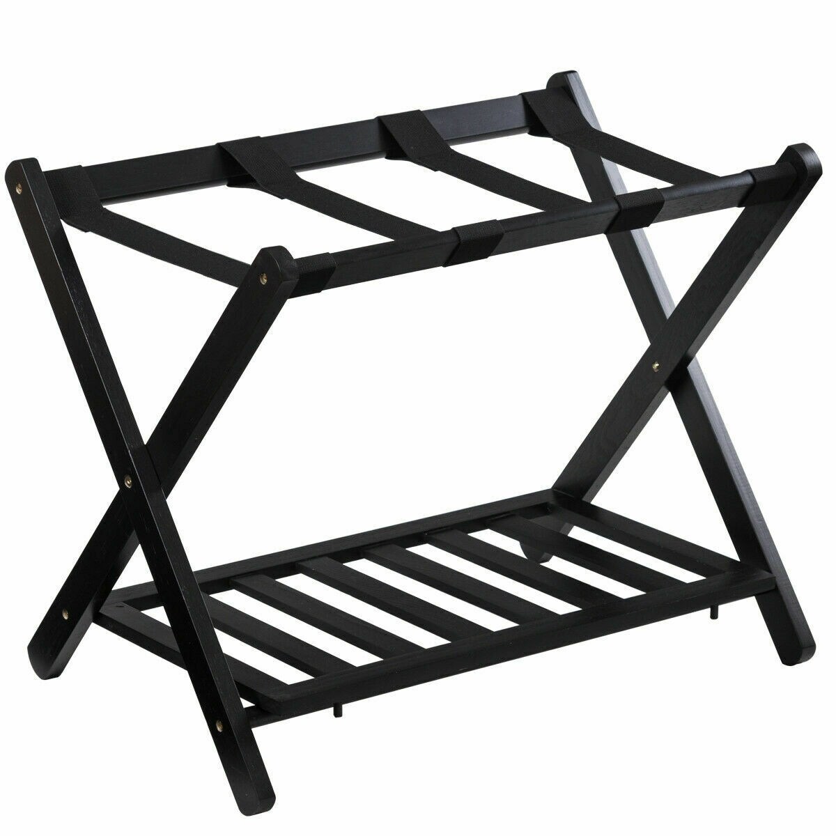 Black Wooden Foldable Luggage Rack with Top and Bottom Shelves Ideal for Hotel or Home Use