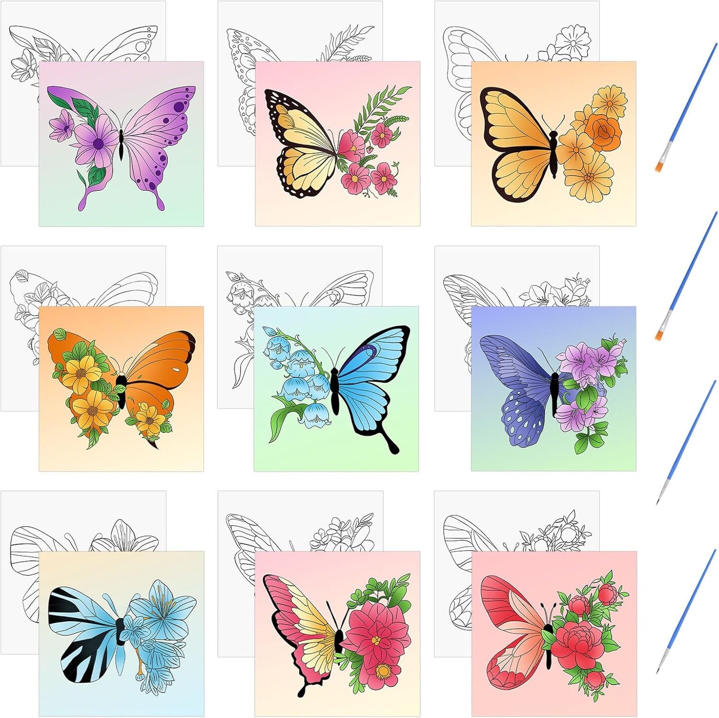 Pre Printed Canvases, 9 PCS Butterfly Painting Canvas 7.87 * 7.87” Butterfly Floral Themed Painting Canvas 9Pcs-Butterfly