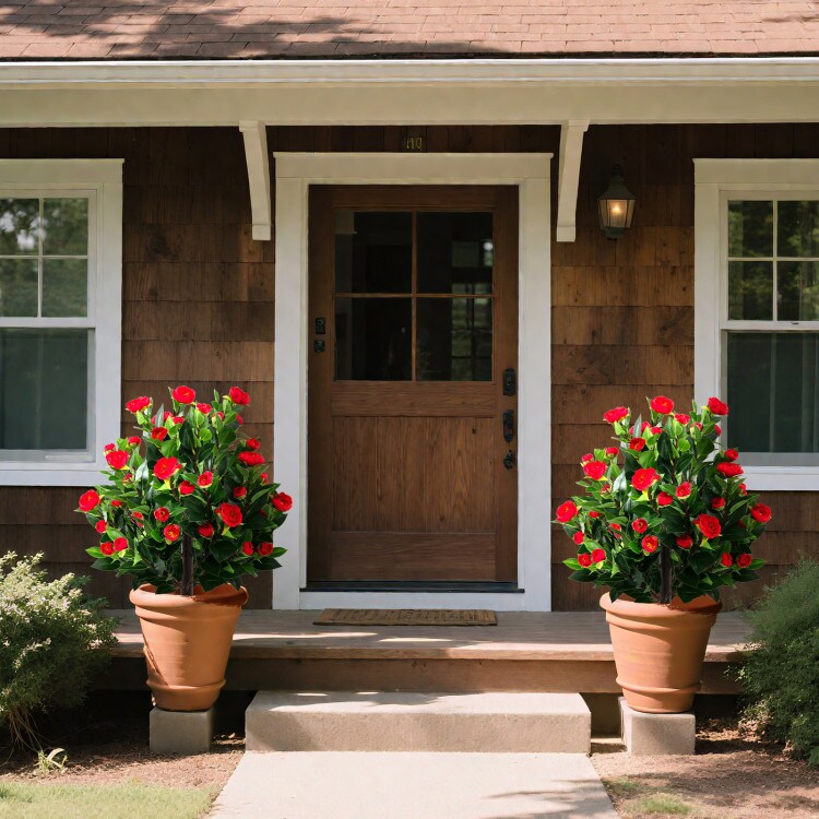 Set of 2 Artificial Camellia Tree with Red Flowers and Green Leaves for Indoor or Outdoor Decor