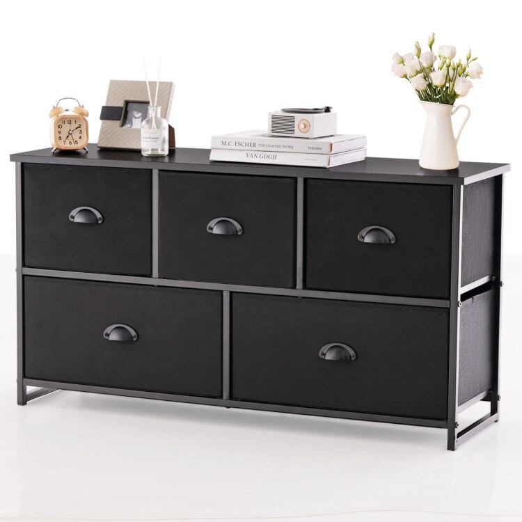Black Steel MDF Nightstand 5-Drawer Fabric Storage Cabinet for Bedroom