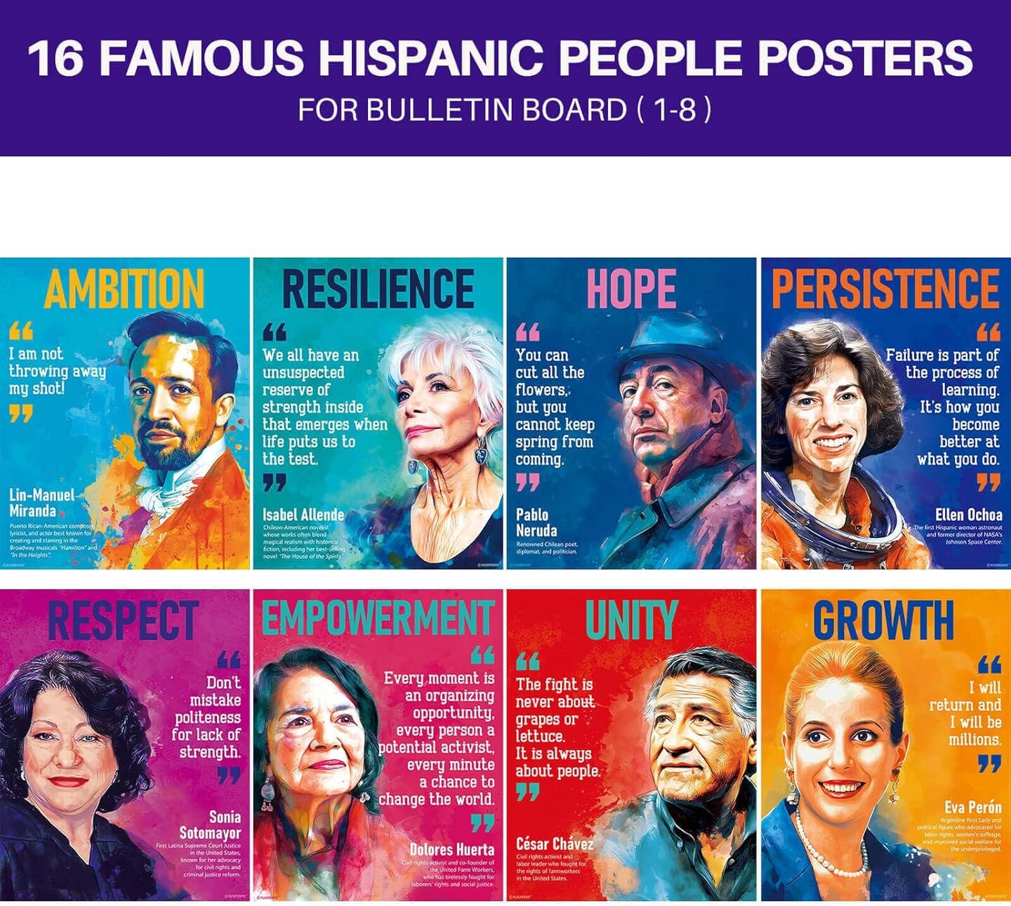 16pcs English Motivational Posters,Hispanic Heritage Month Decorations Posters