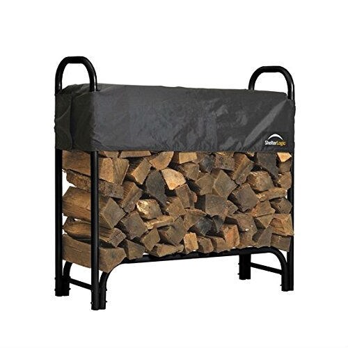 Black Steel Firewood Rack 48-Inch Wood Log Storage with Sliding Waterproof Polyester Cover