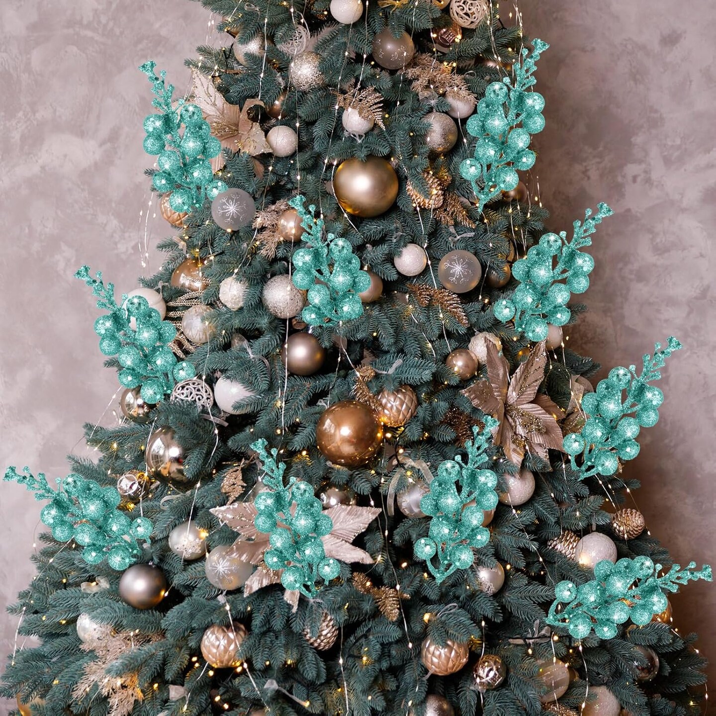 Christmas Glittered Berries Stems (Turquoise)