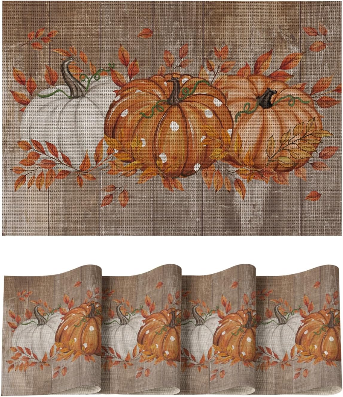 Set of 4 Wood Pumpkin Leaves Fall Vinyl Placemats - 12" x 18" (Orange)