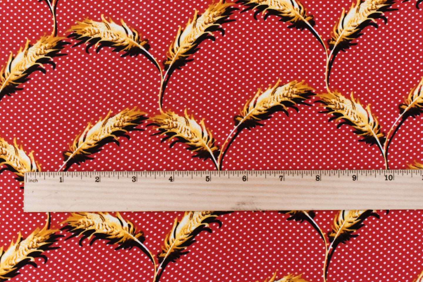 Red-Yellow-Multi Feather And Dot Printed Poly Georgette Woven Fabric By the Yard